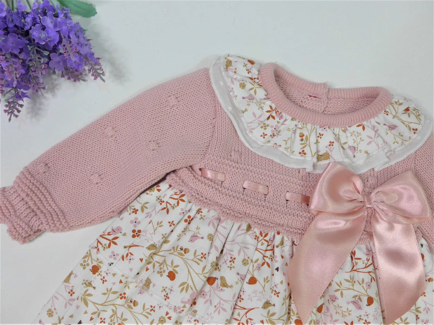 Vestido punto rosa empolvado y estampado pajaritos - PARDALETS