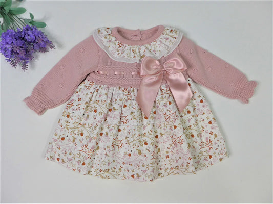 Vestido punto rosa empolvado y estampado pajaritos - PARDALETS