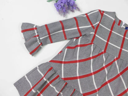 Vestido gris con rayas blancas y rojas - PARDALETS
