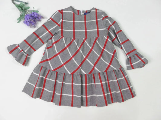 Vestido gris con rayas blancas y rojas - PARDALETS