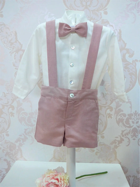 Conjunto camisa beig y short con tirantes rosa - PARDALETS