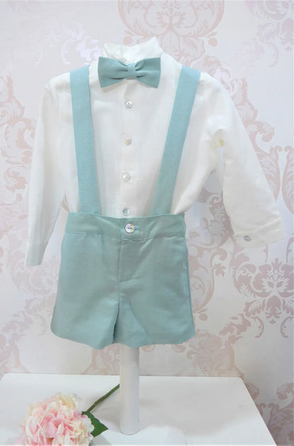 Conjunto camisa beig y short con tirantes verdes - PARDALETS