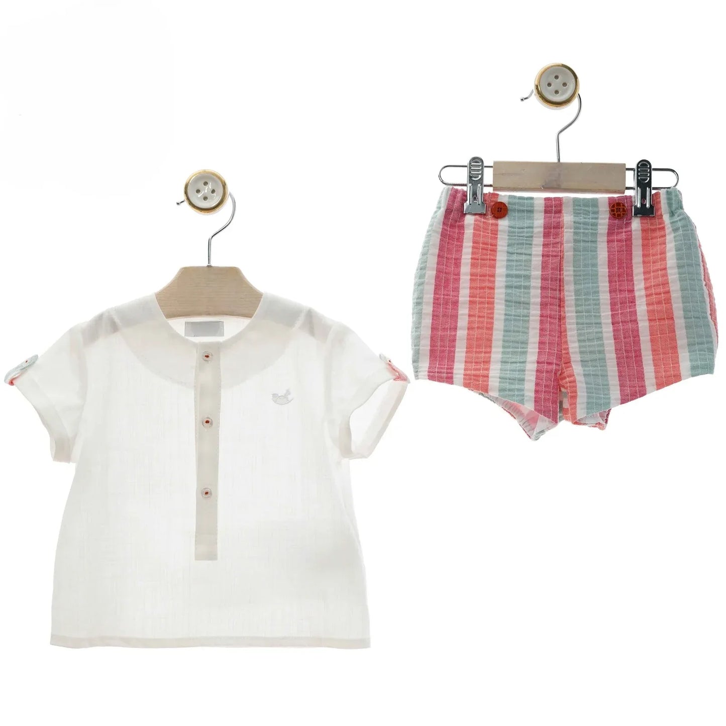 Conjunto camisa blanca y short rayas multicolor "Caracola" - PARDALETS