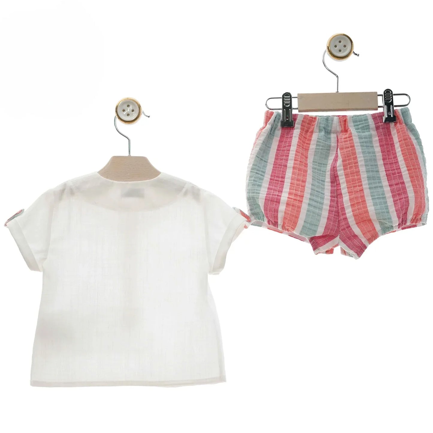 Conjunto camisa blanca y short rayas multicolor "Caracola" - PARDALETS