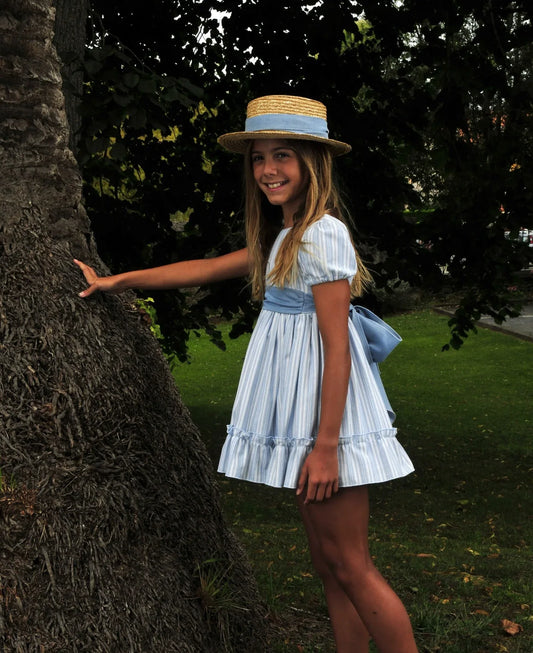 Vestido rayitas celestes con lazada - PARDALETS