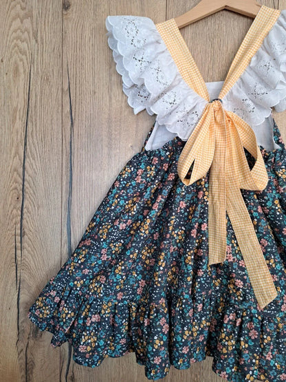 Vestido azul oscuro con florecitas y vichy amarillo - PARDALETS