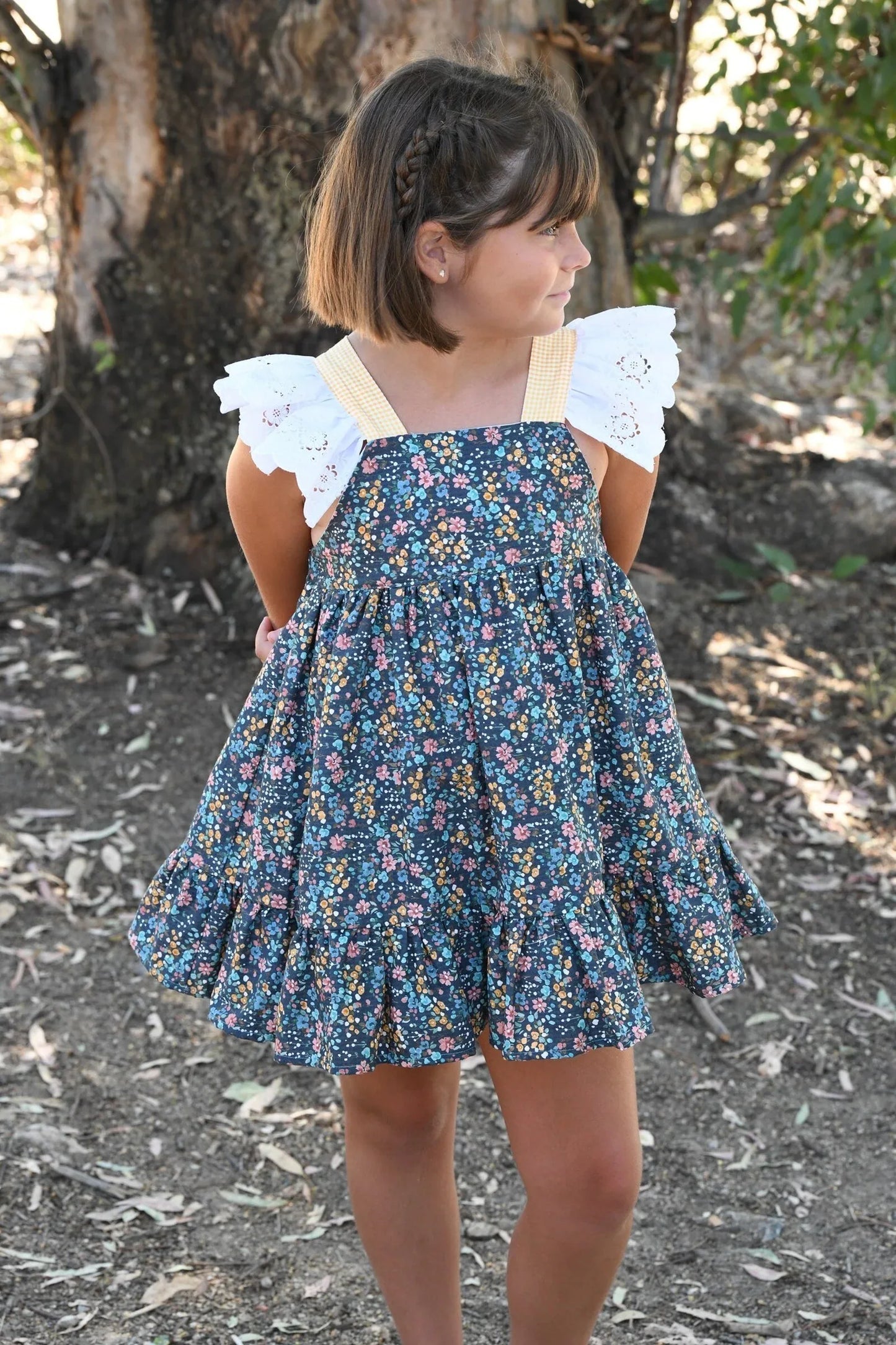 Vestido azul oscuro con florecitas y vichy amarillo - PARDALETS