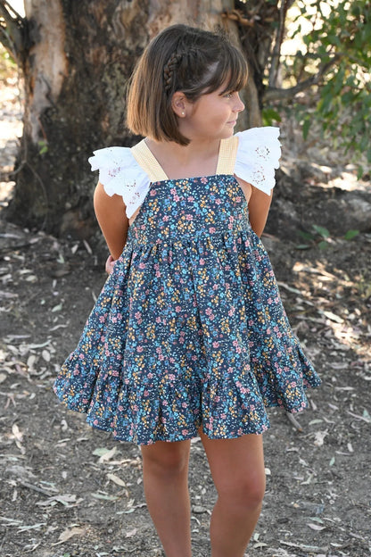 Vestido azul oscuro con florecitas y vichy amarillo - PARDALETS
