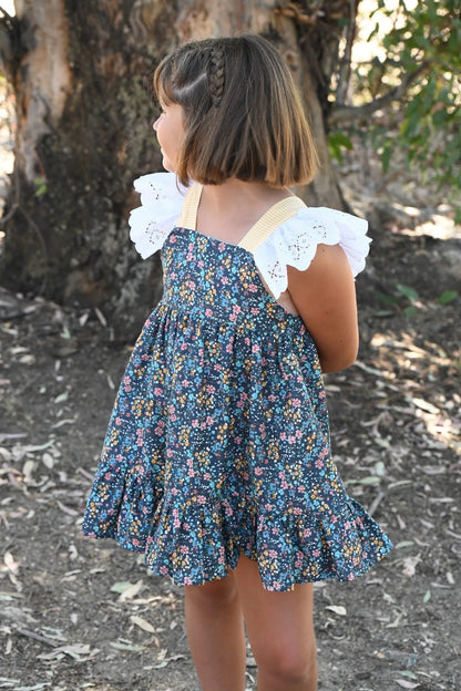 Vestido azul oscuro con florecitas y vichy amarillo - PARDALETS