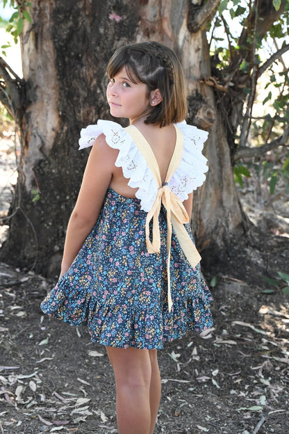 Vestido azul oscuro con florecitas y vichy amarillo - PARDALETS
