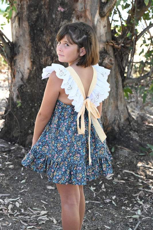 Vestido azul oscuro con florecitas y vichy amarillo - PARDALETS