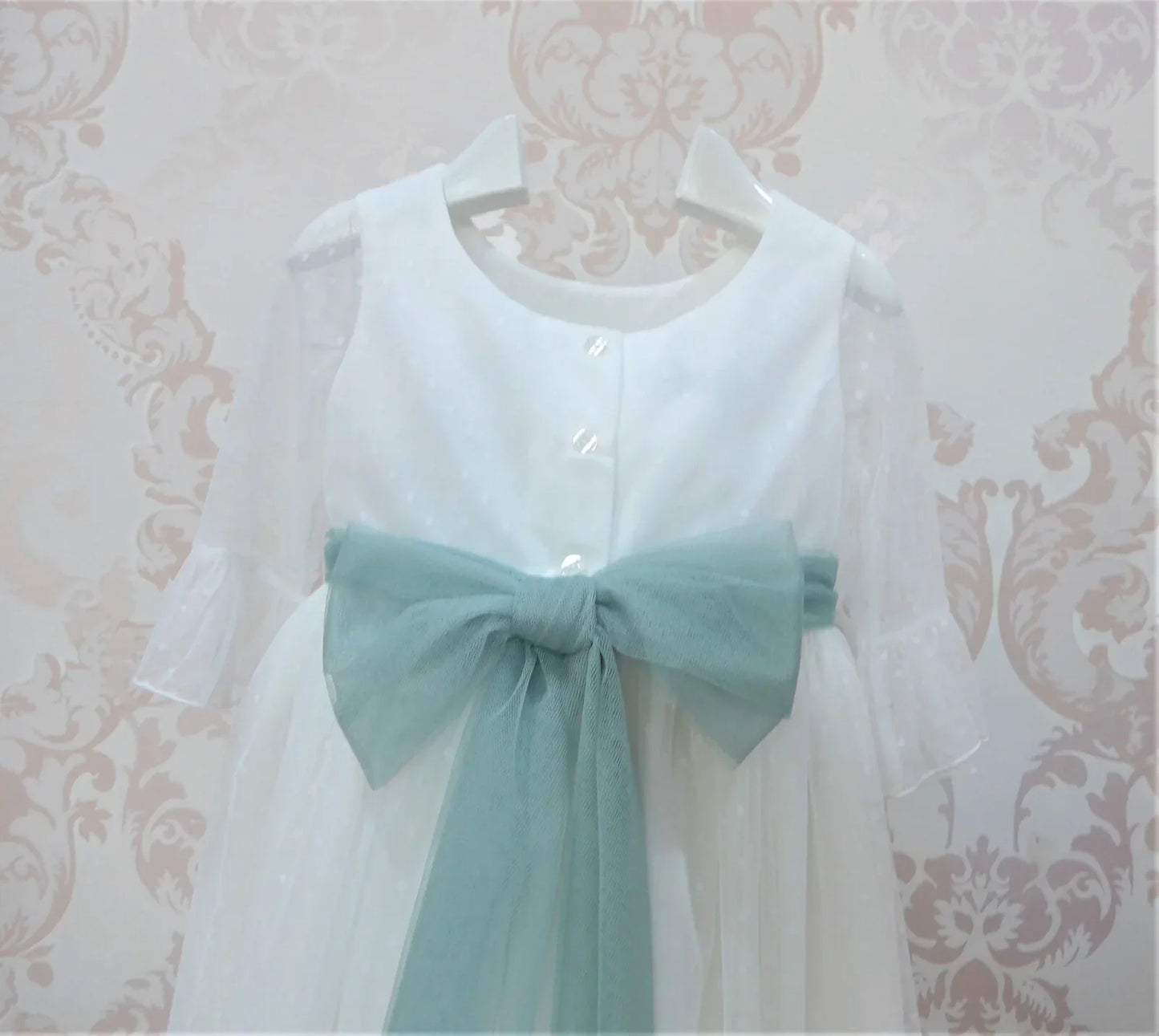 Vestido tul de plumeti blanco con manga francesa - PARDALETS