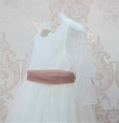 Vestido tul de plumeti blanco con manga francesa - PARDALETS