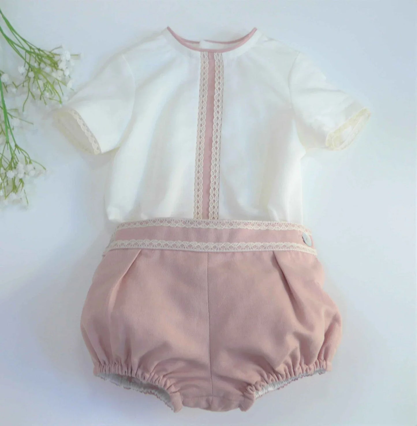 Conjunto camisa beig y bombacho lino rosa empolvado - PARDALETS