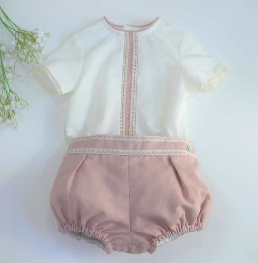 Conjunto camisa beig y bombacho lino rosa empolvado - PARDALETS