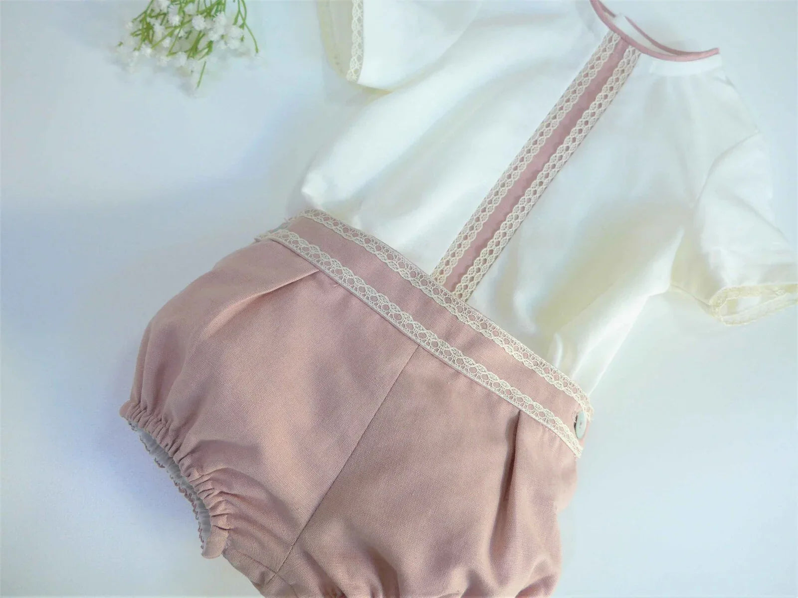 Conjunto camisa beig y bombacho lino rosa empolvado - PARDALETS