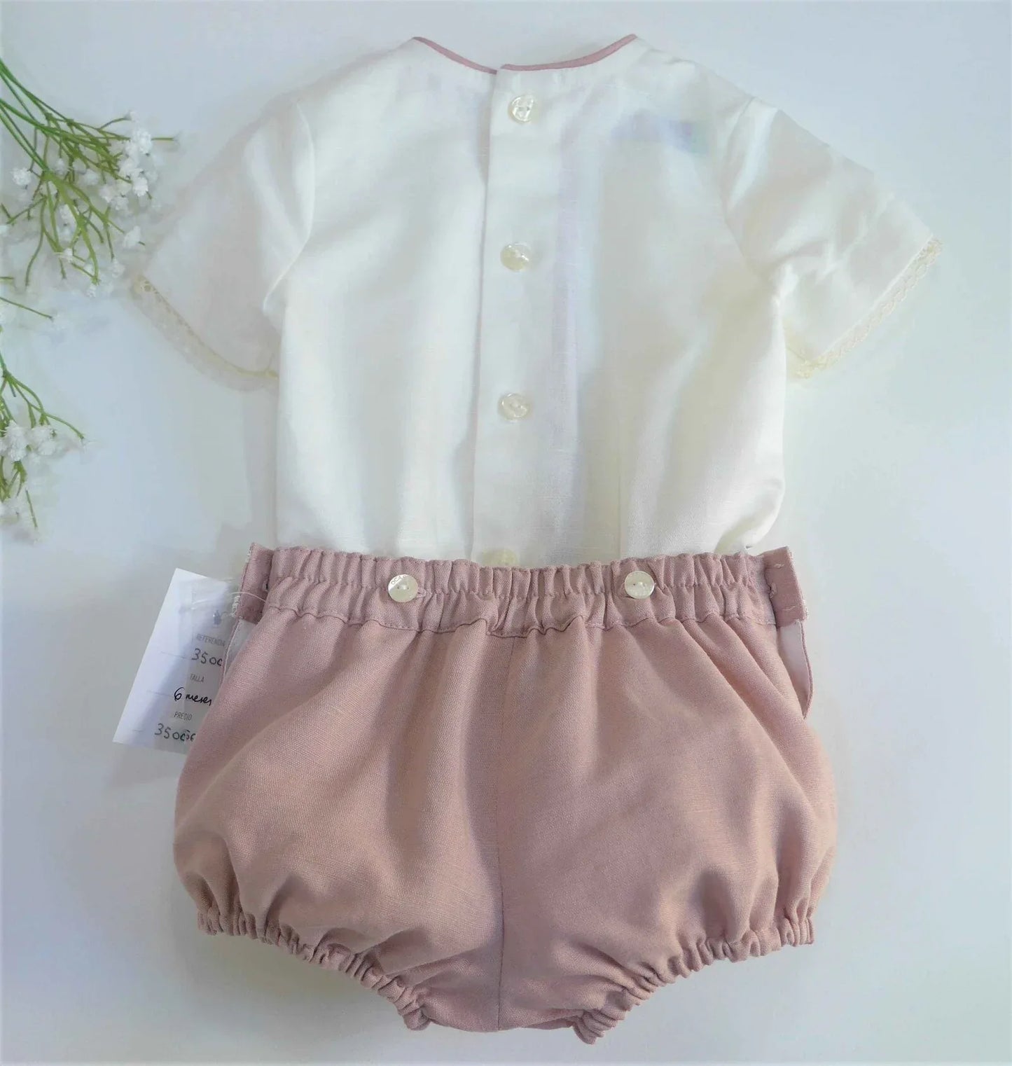 Conjunto camisa beig y bombacho lino rosa empolvado - PARDALETS