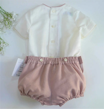 Conjunto camisa beig y bombacho lino rosa empolvado - PARDALETS
