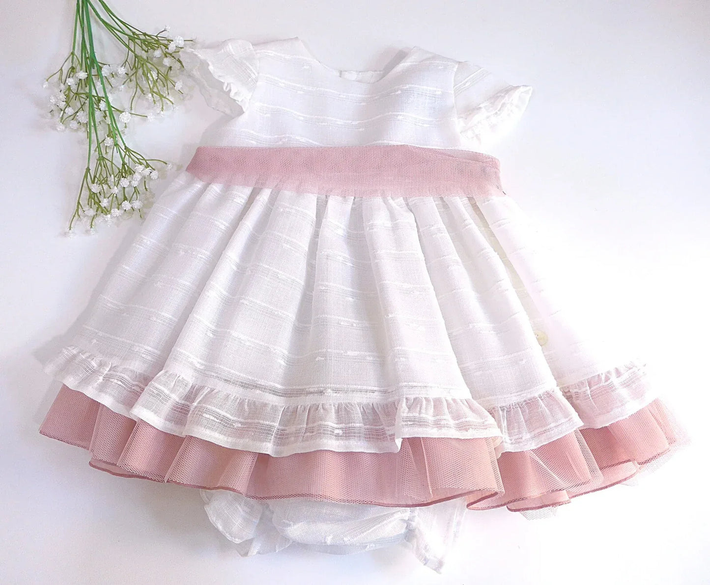 Vestido blanco con fajin tul rosa - PARDALETS