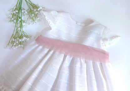 Vestido blanco con fajin tul rosa - PARDALETS