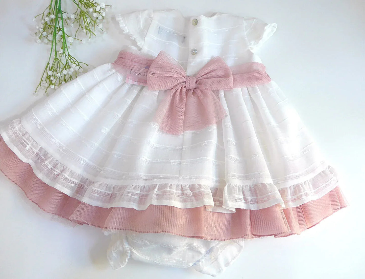 Vestido blanco con fajin tul rosa - PARDALETS