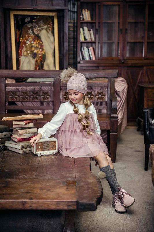 Vestido beig con estrellas y tul rosa "Luz" - PARDALETS