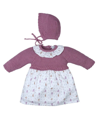Vestido malva estampado conejitos y capota - PARDALETS
