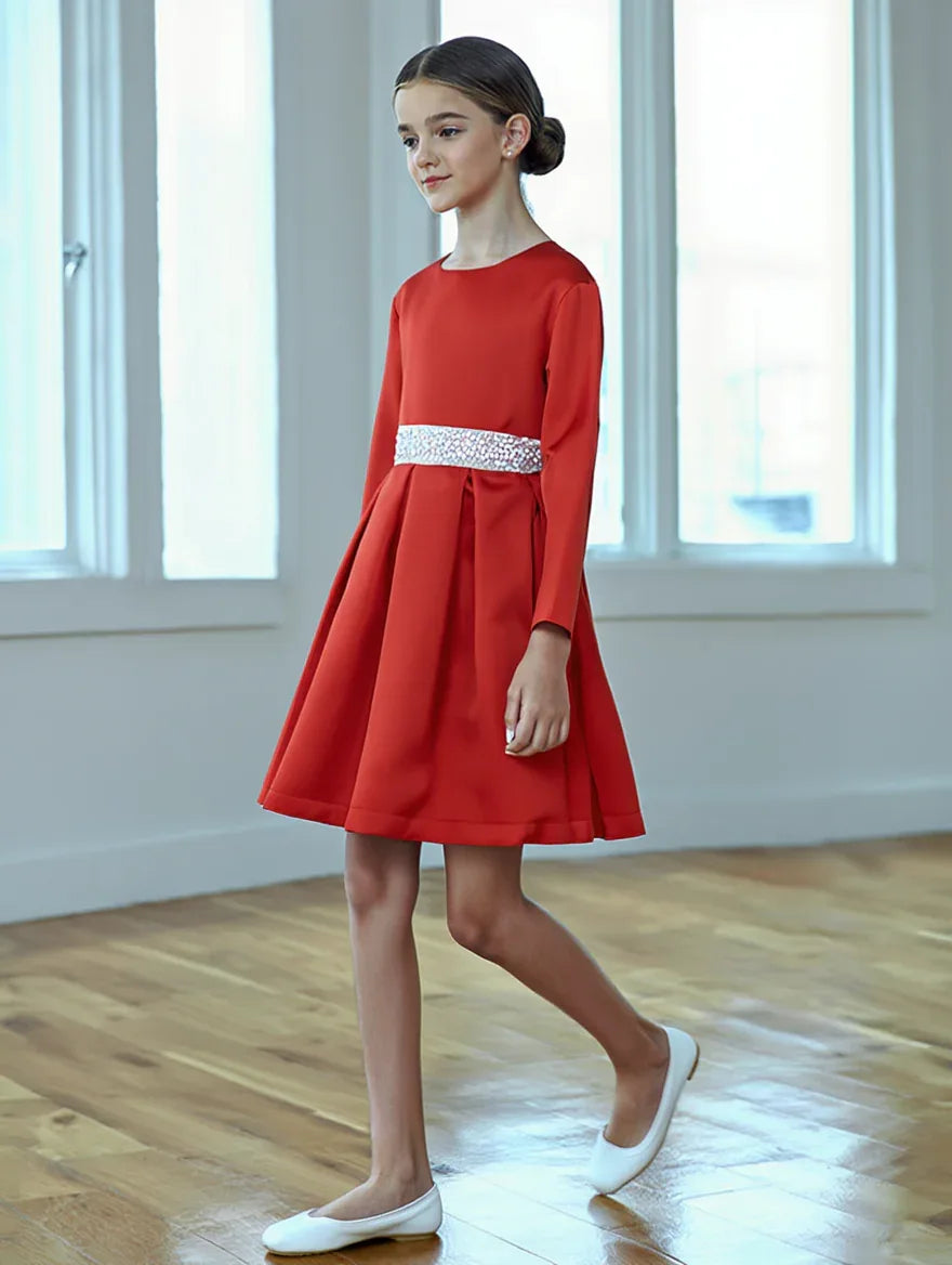 Vestido rojo con fajin de pedreria blanco - PARDALETS