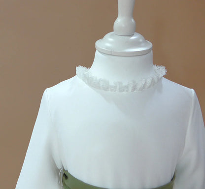 Vestido blanco con puntillas y fajin lino verde - PARDALETS