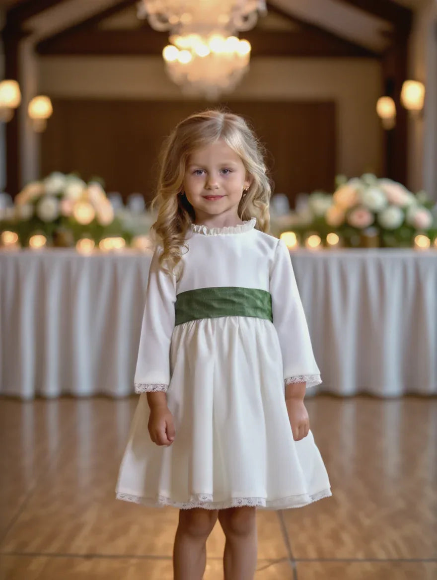 Vestido blanco con puntillas y fajin lino verde - PARDALETS