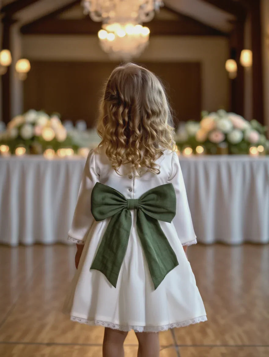 Vestido blanco con puntillas y fajin lino verde - PARDALETS