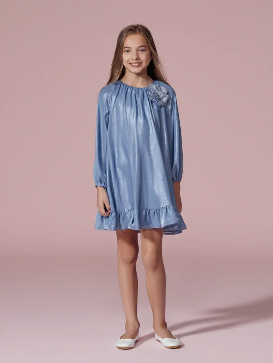 Vestido azul brillante con broche redondo - PARDALETS