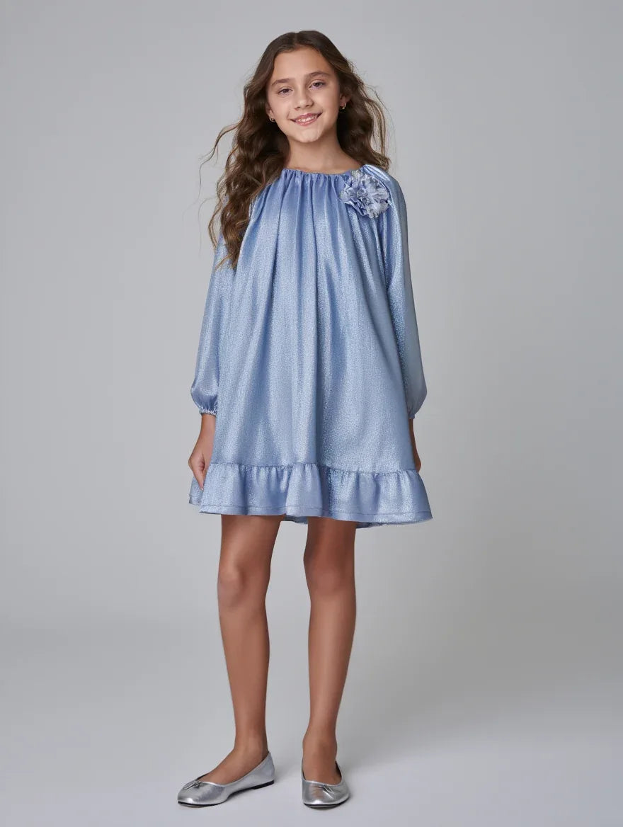 Vestido azul brillante con broche redondo - PARDALETS