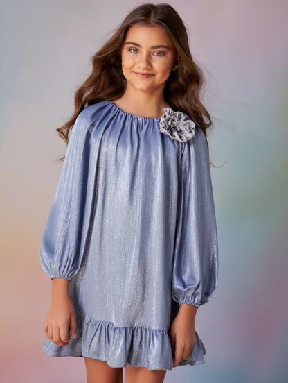 Vestido azul brillante con broche redondo - PARDALETS