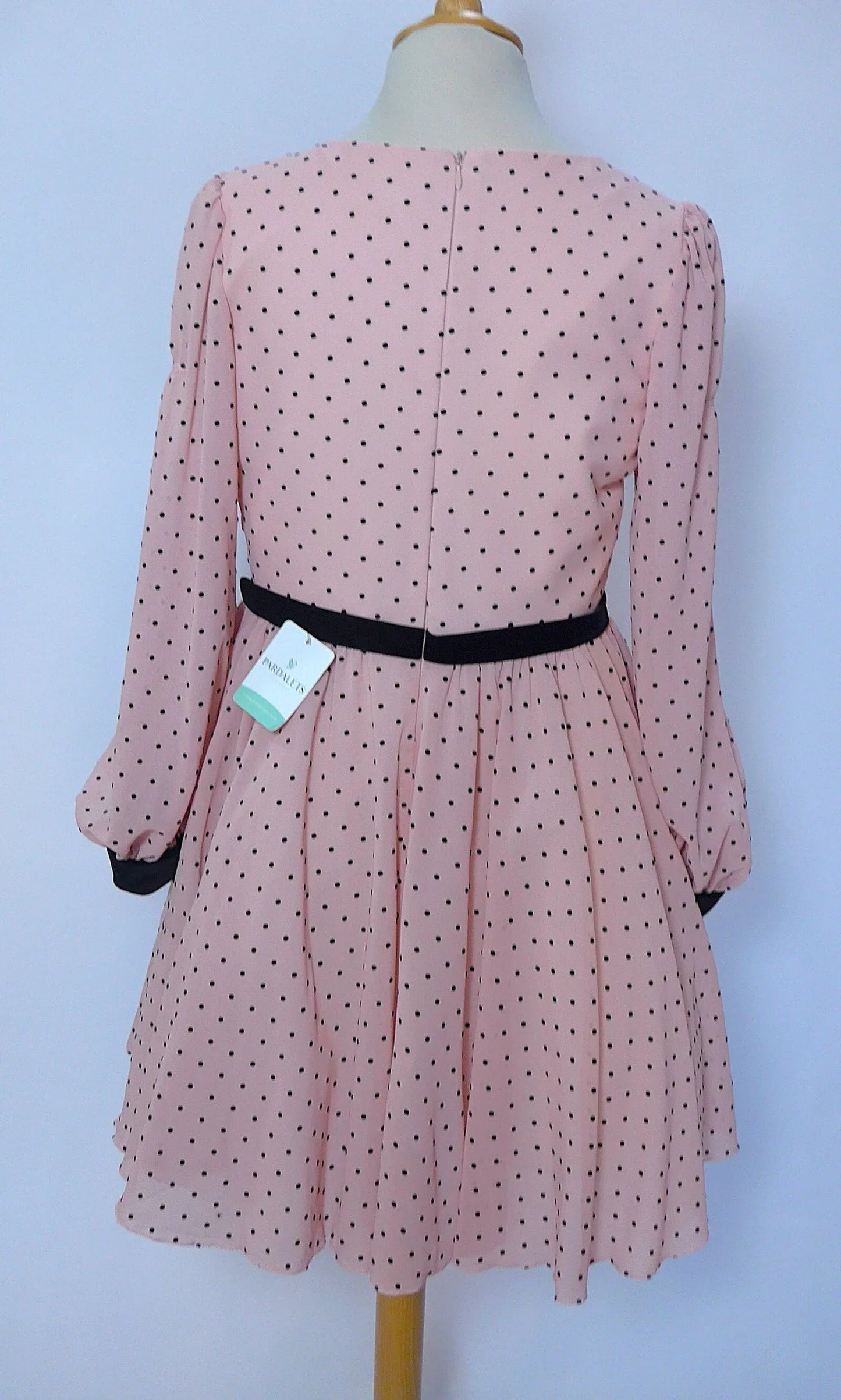 Vestido rosa con topitos negros y terciopelo negro - PARDALETS