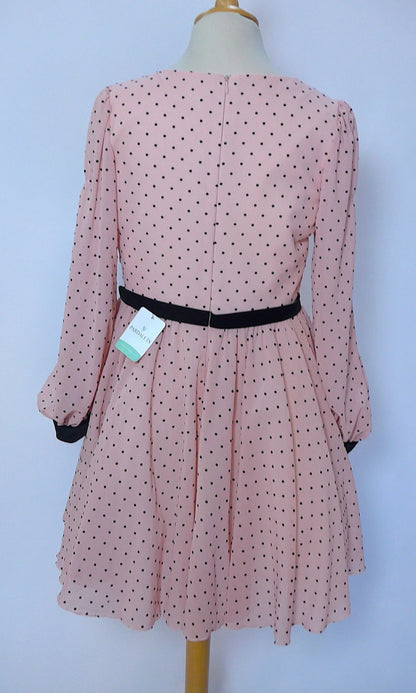 Vestido rosa con topitos negros y terciopelo negro - PARDALETS