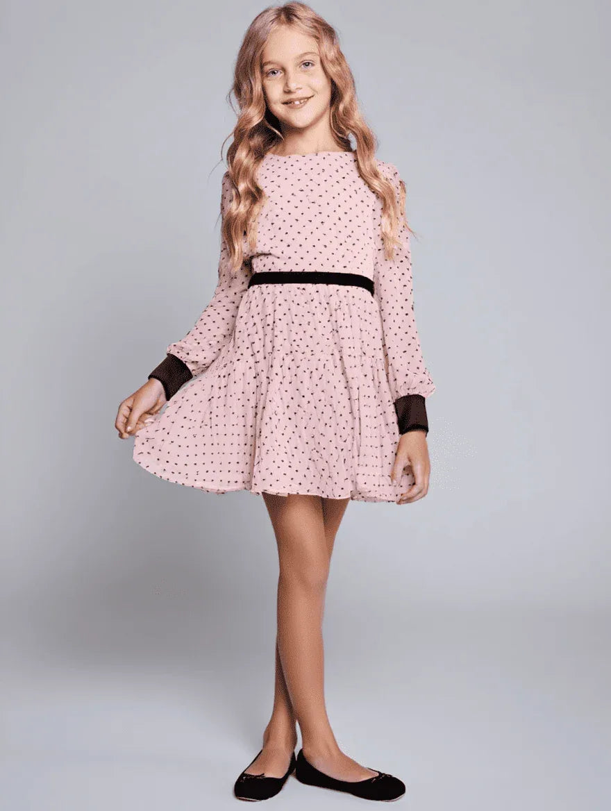 Vestido rosa con topitos negros y terciopelo negro - PARDALETS