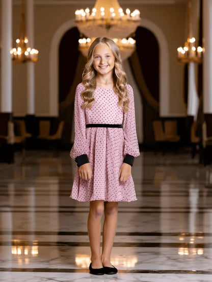 Vestido rosa con topitos negros y terciopelo negro - PARDALETS