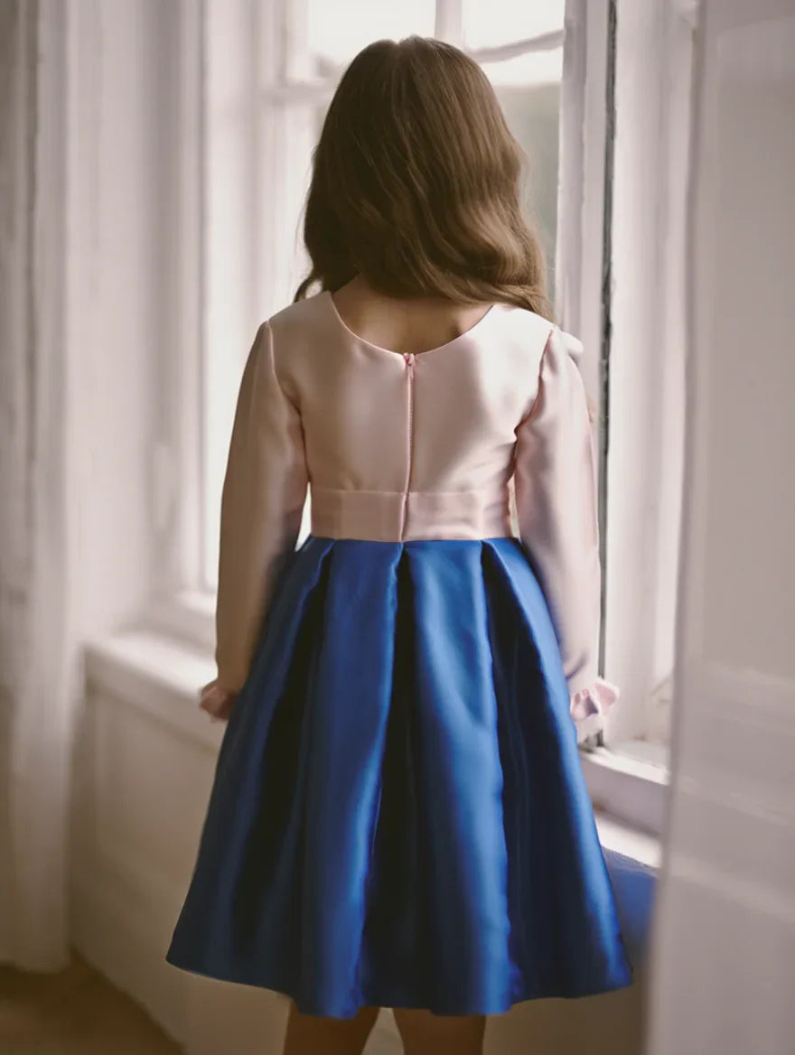 Vestido mikado rosa y azulon con lazo - PARDALETS