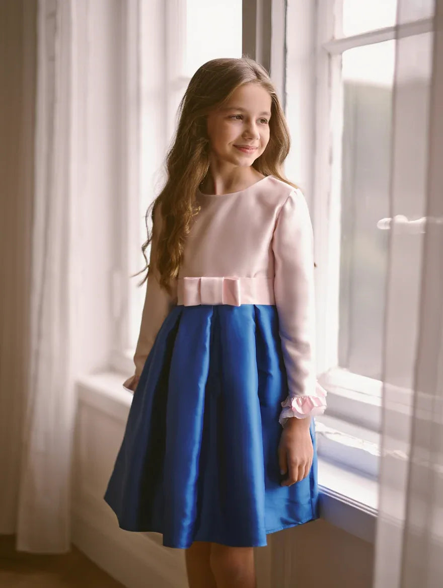 Vestido mikado rosa y azulon con lazo - PARDALETS