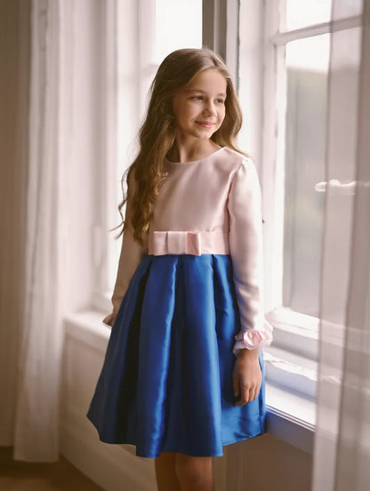 Vestido mikado rosa y azulon con lazo - PARDALETS