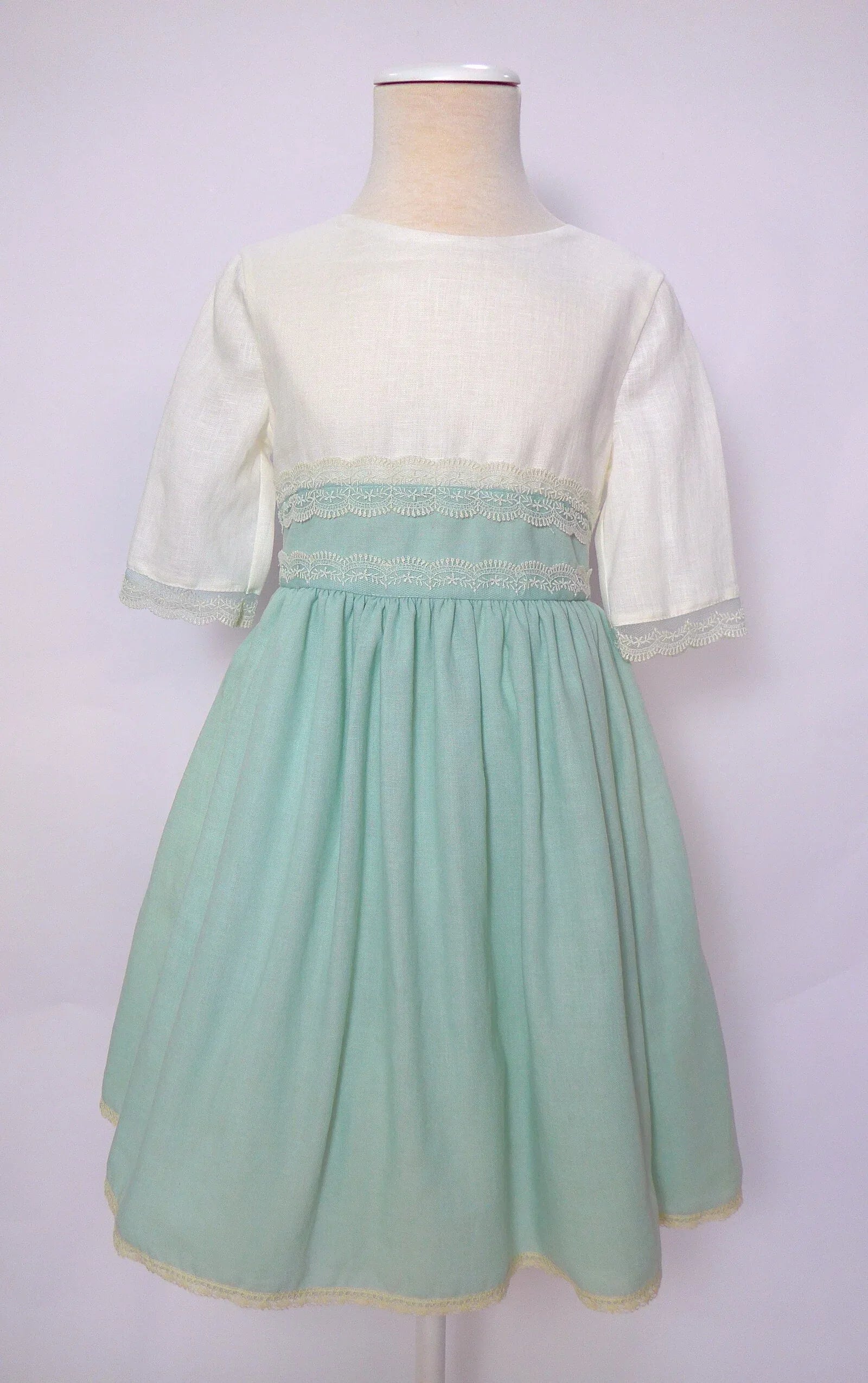 Vestido lino verde agua y beig - PARDALETS