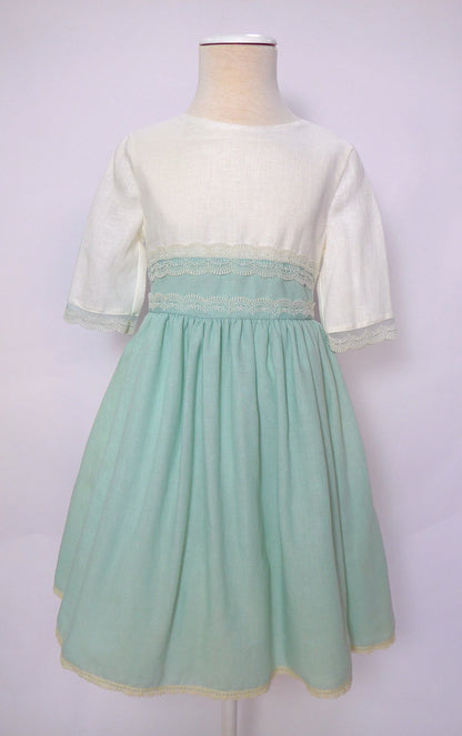 Vestido lino verde agua y beig - PARDALETS
