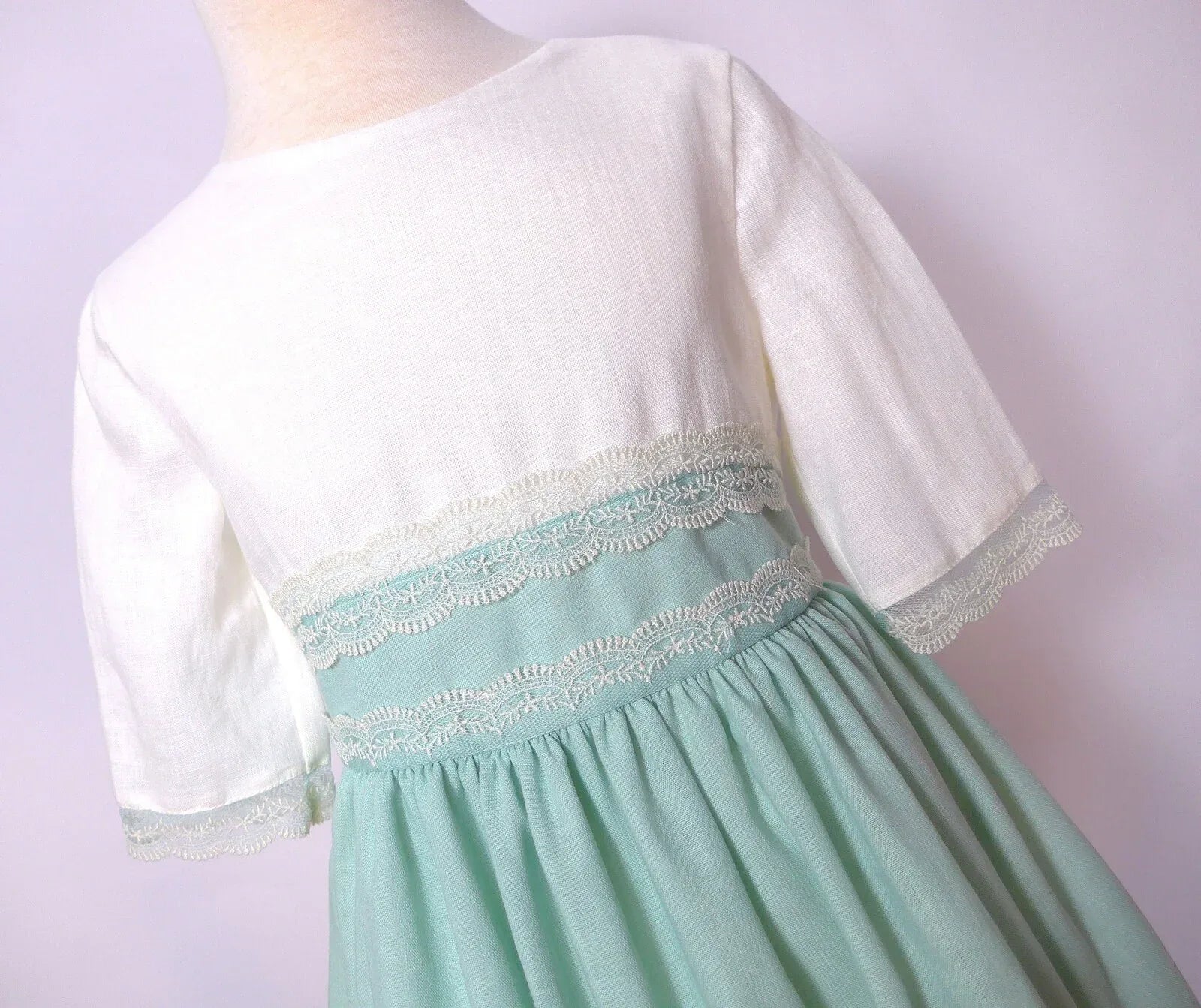 Vestido lino verde agua y beig - PARDALETS