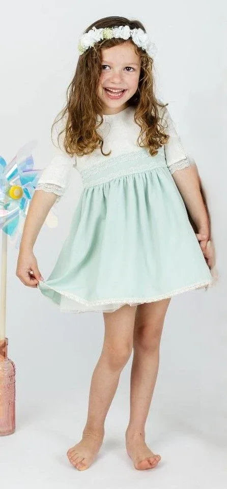 Vestido lino verde agua y beig - PARDALETS