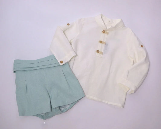 Conjunto lino beig y short verde con fajin - PARDALETS