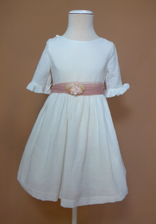 Vestido infantil de bambula blanco y fajin rosa - PARDALETS