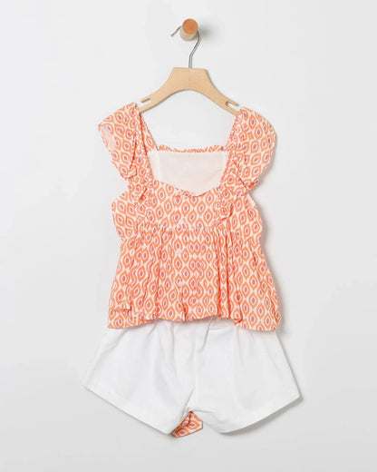 Conjunto blusa estampada naranja y short blanco - PARDALETS