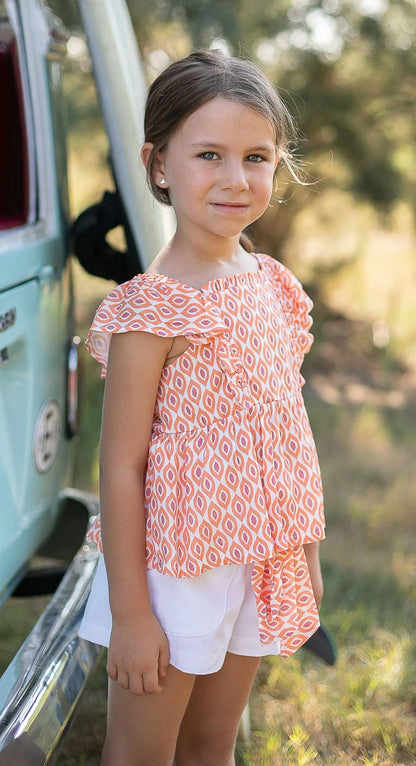 Conjunto blusa estampada naranja y short blanco - PARDALETS