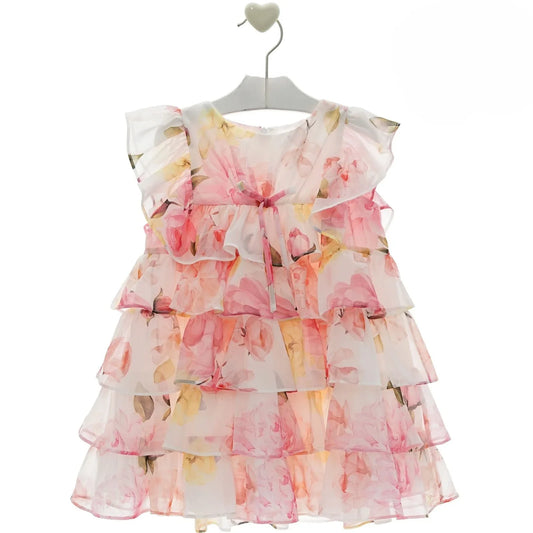 Vestido volantes flores rosas y amarillas "Capricornio" - PARDALETS